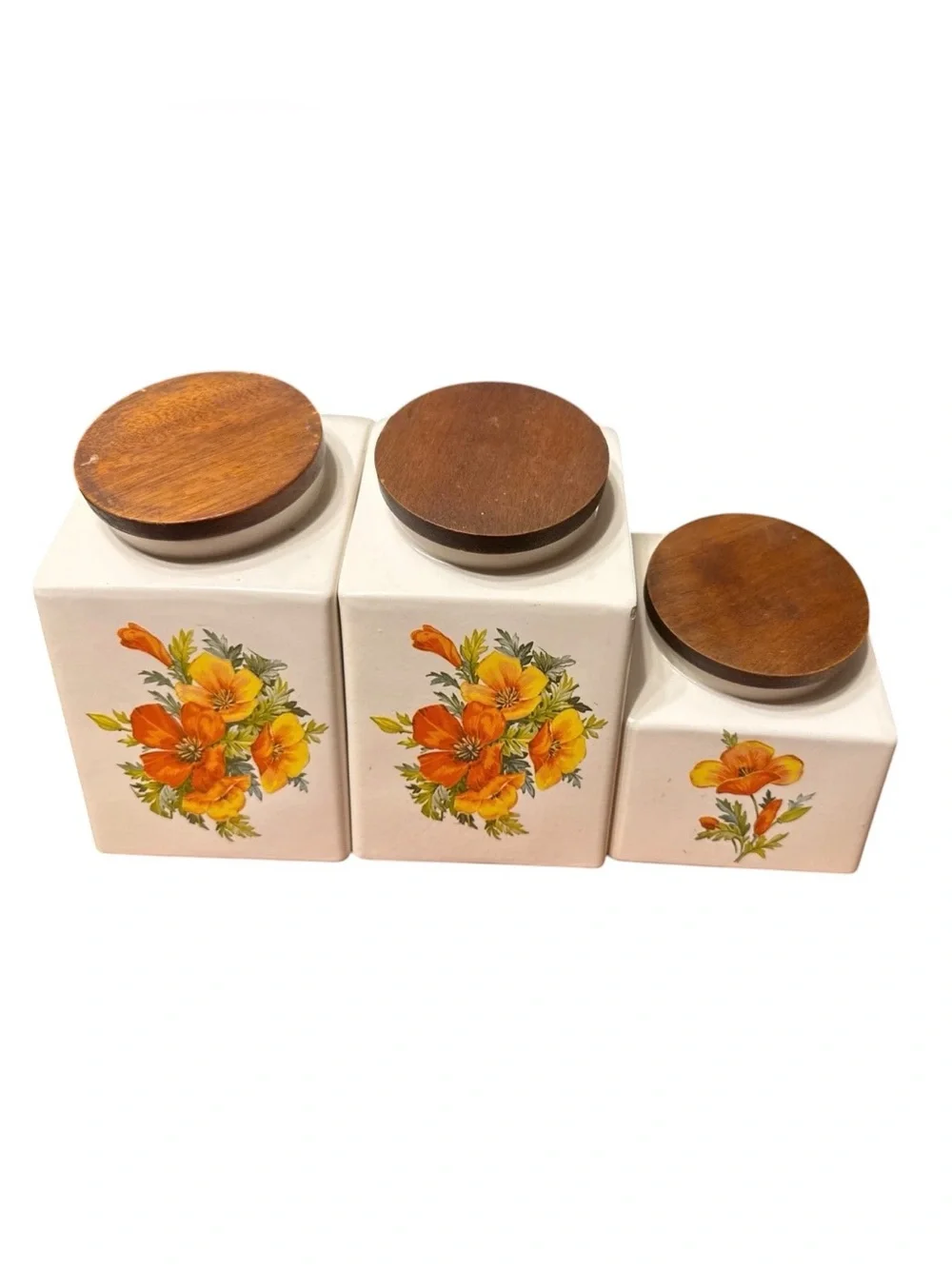 Vintage 1960s 1970s Set Of 3 Hyalyn USA Wooden Top Canister Set Grannycore